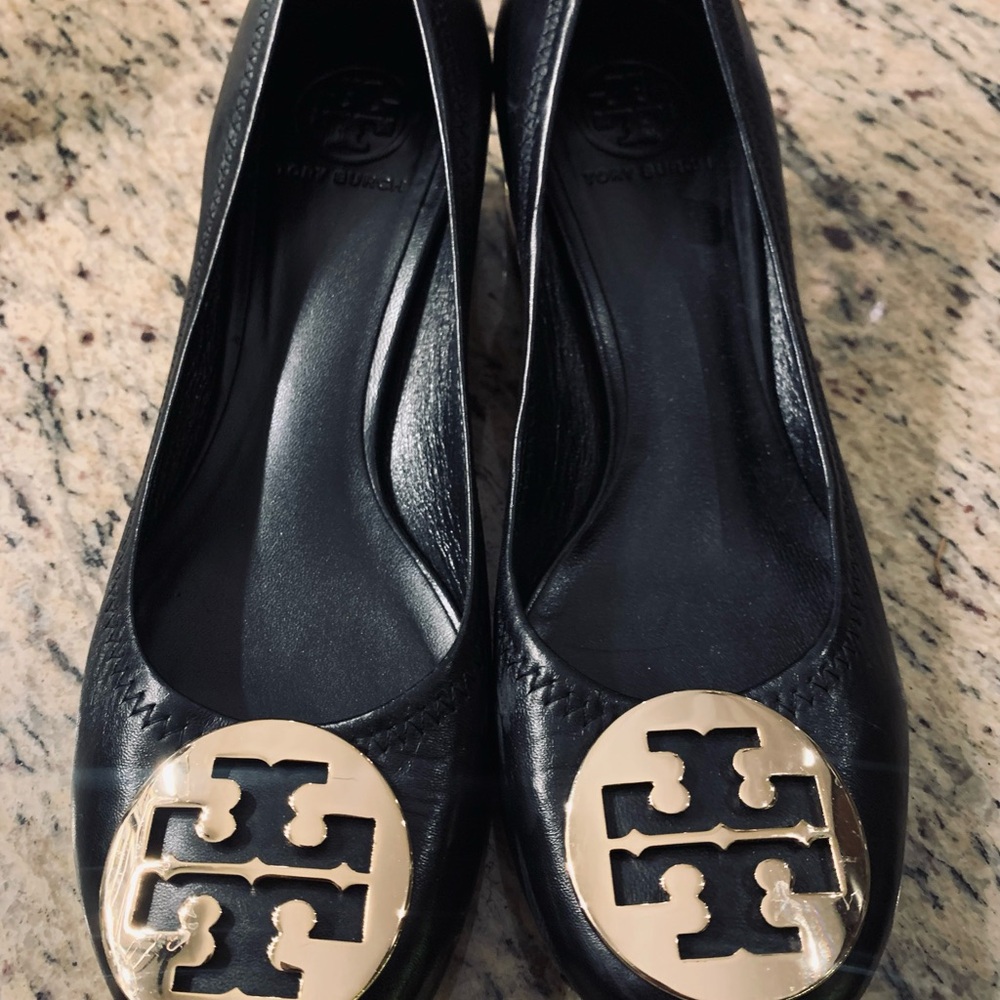 Tory Burch Black Leather 4 Inch Heels with Gold Emblem